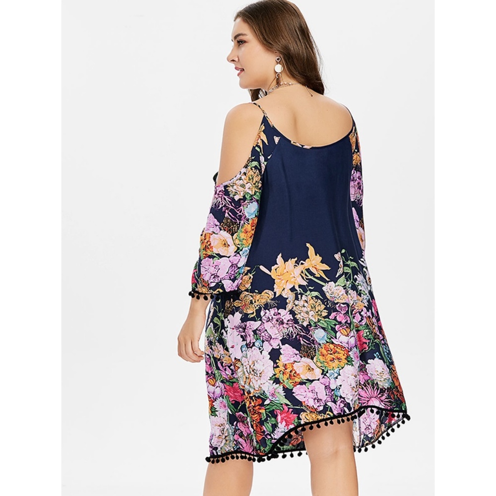 Plus Size Floral Cold Shoulder Dress - Slate Blue - Picture 6 of 8